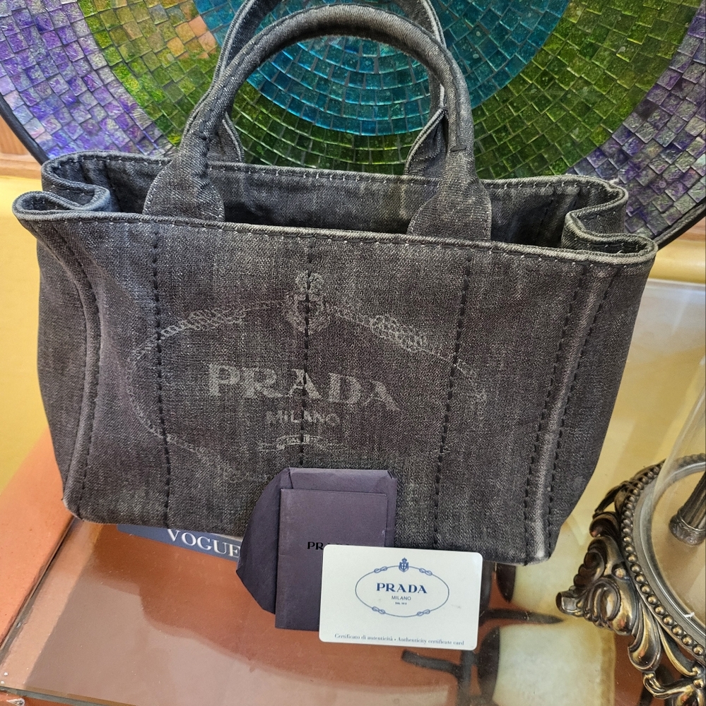 🔥Prada Canapa Logo Nero Denim tote. - Picture 2 of 15